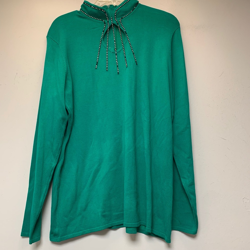 Reba Knit Top Womens Large Green Excellent Rhinestone Keyhole Mock Neck Sweater